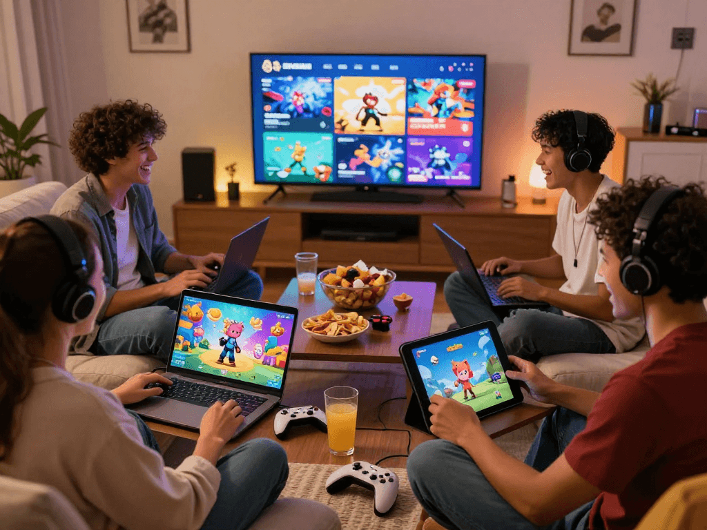 Engaging scene of friends playing game porn on various devices in a cozy living room.