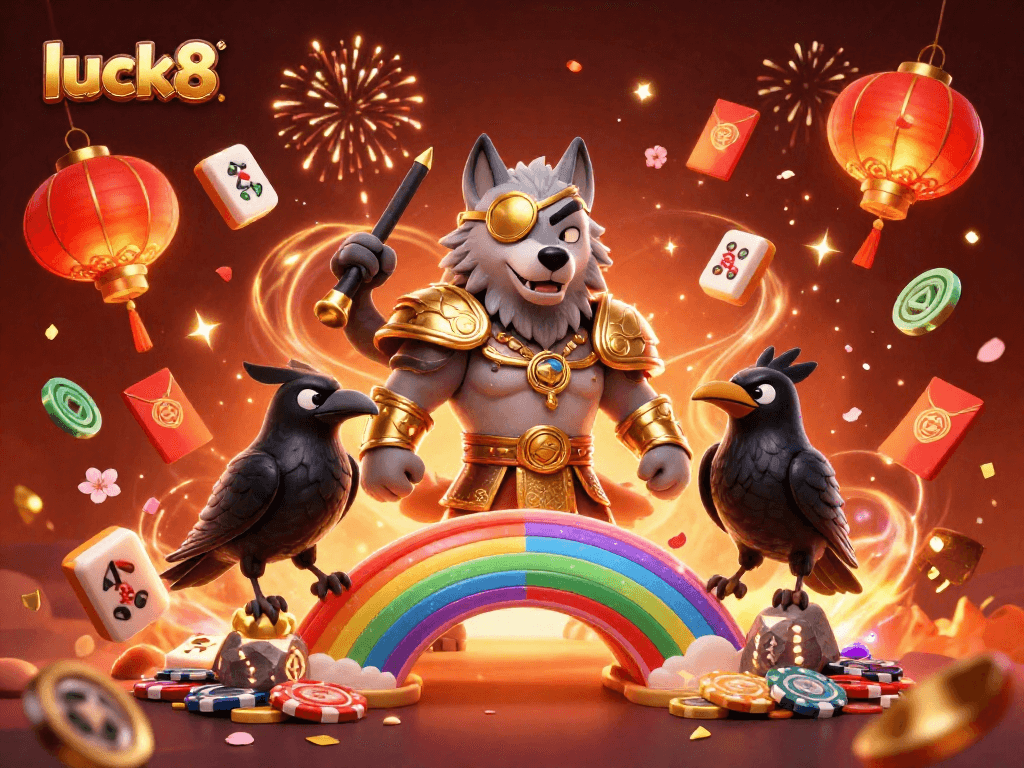 Luck8 gamifies play with Odin, ravens, and casino elements, celebrating victories in a vibrant 3D scene.