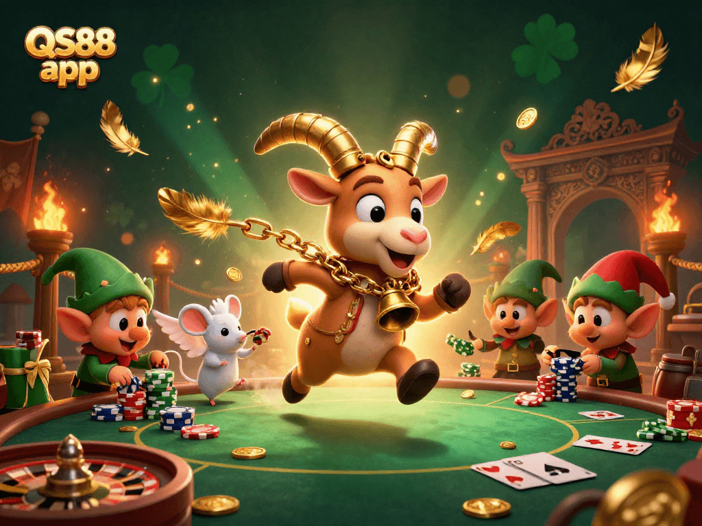 Experience the thrilling QS88 app casino, where cartoon characters engage in exciting games.