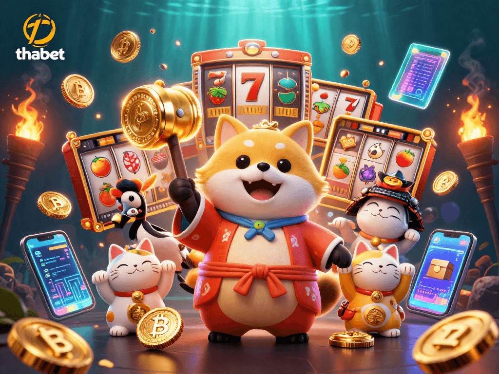 Immerse in the thabet gaming world with the cheerful tanuki celebrating wins amid slot reels and crypto.
