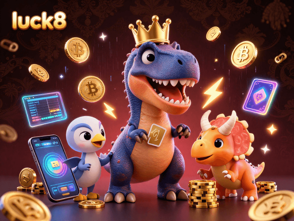 Experience thrilling gambling action with luck8's vibrant casino scene featuring animated dinosaurs.