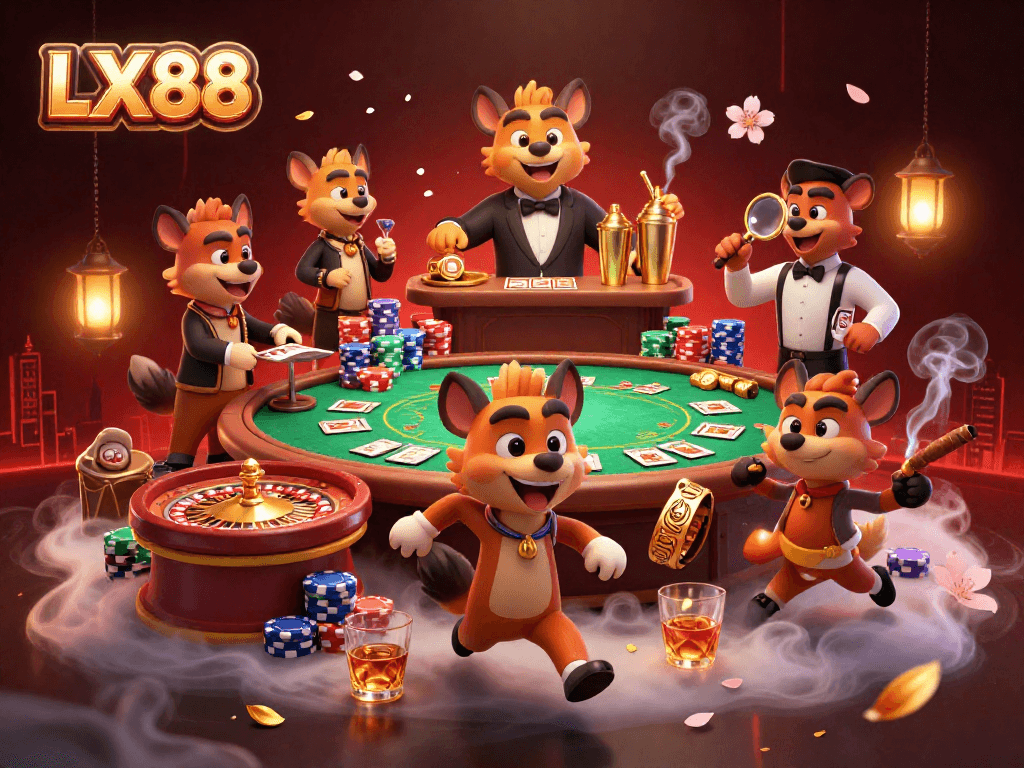 Experience thrilling gaming at LX88 with a lively live casino ambiance featuring unique hyena characters.