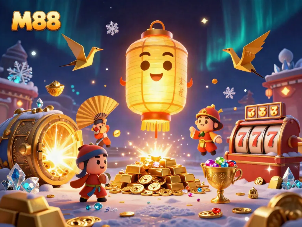M88 illuminates the night market casino scene with golden lantern spirit and lucky symbols, enhancing the gambling experience.
