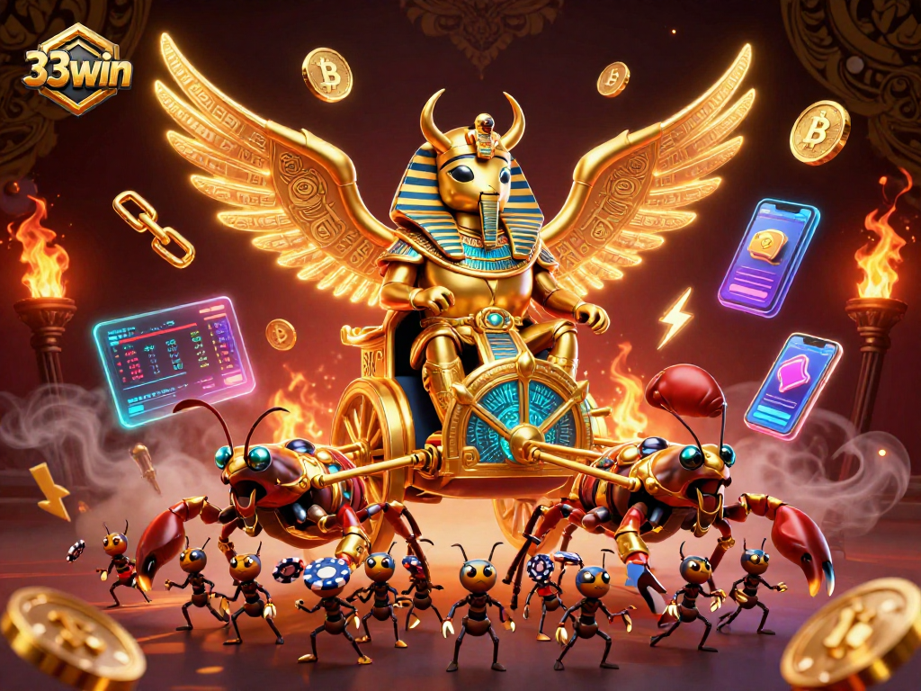 Engage with 33win's vibrant 3D casino scene featuring a golden scarab beetle, scorpions, and cryptocurrency elements.