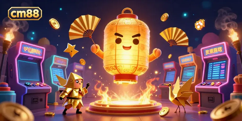 Engage with cm88’s dynamic casino experience featuring a giant golden lantern spirit and arcade games.