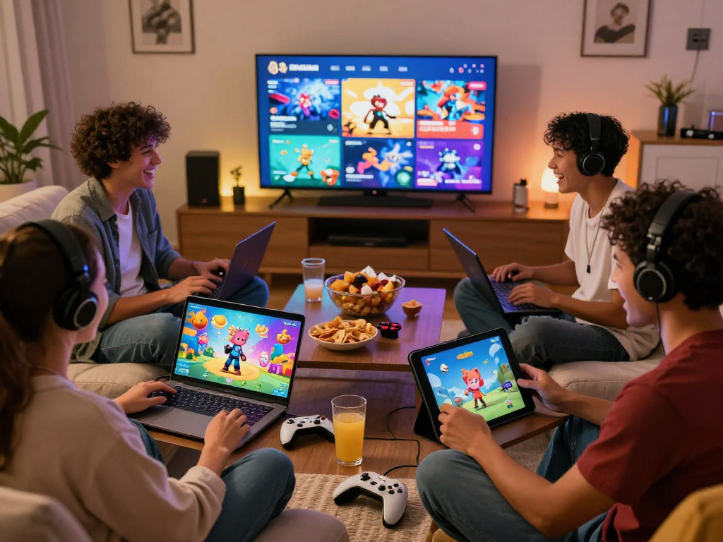 Engaging scene of friends playing game porn on various devices in a cozy living room.