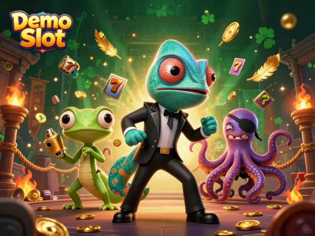 Play exciting Demo Slot games with a secret agent chameleon, gecko, and octopus in a vibrant casino setting.