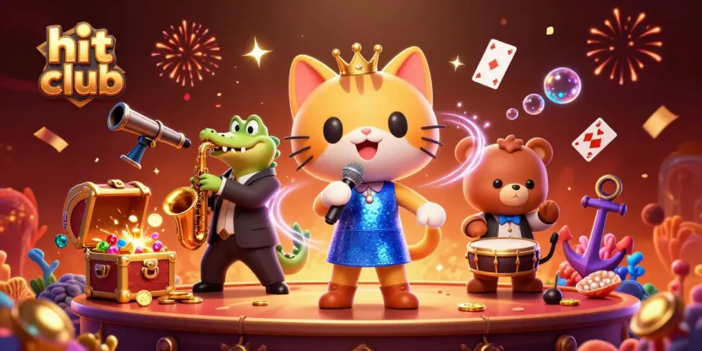Experience the excitement at hit club with vibrant 3D characters celebrating amidst a rich casino backdrop.