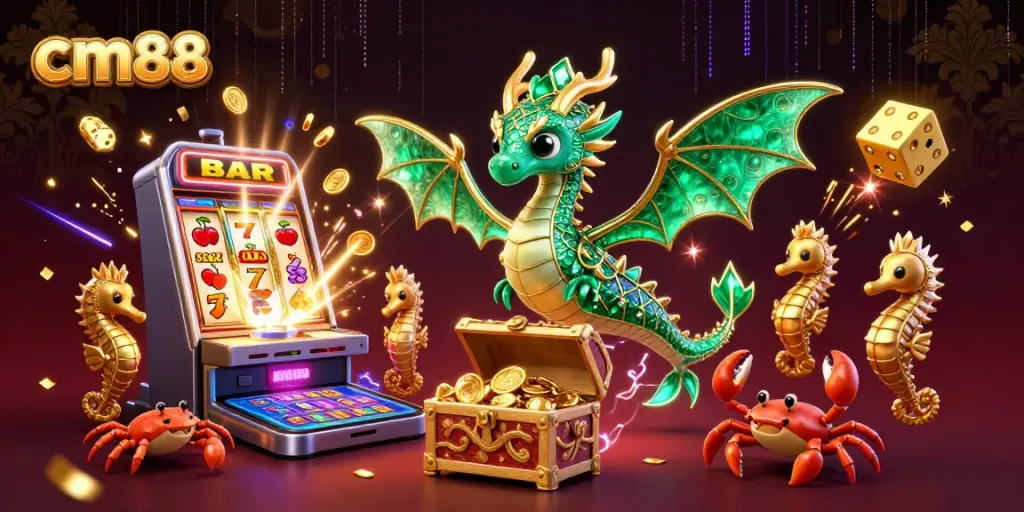 Experience vibrant casino fun with cm88 in a treasure-filled underwater scene.