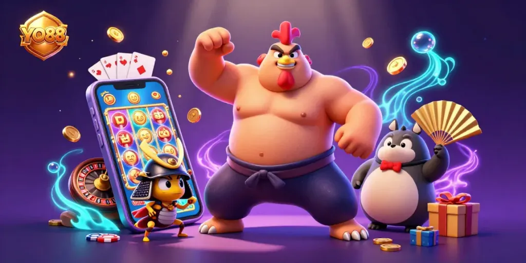 Experience excitement in YO88's vibrant casino scene featuring characters and thrilling game elements.