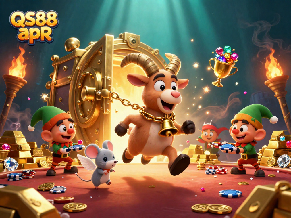 Engage in thrilling gameplay at QS88 apR with festive characters in a vibrant casino setting.
