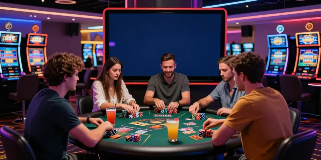Friends enjoying gaming at casinos that accept credit card in vibrant casino lounge.