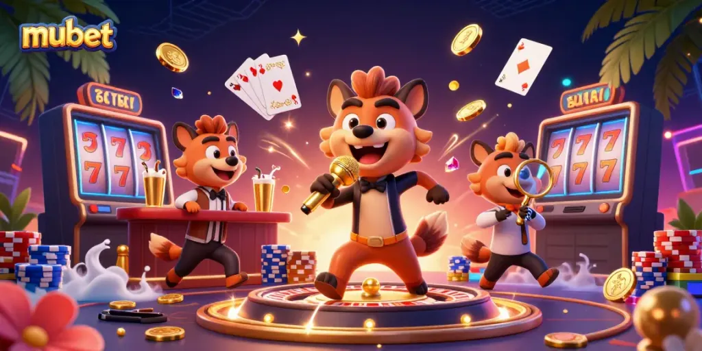 Join the fun at mubet casino with vibrant hyenas, golden coins, and spinning games!