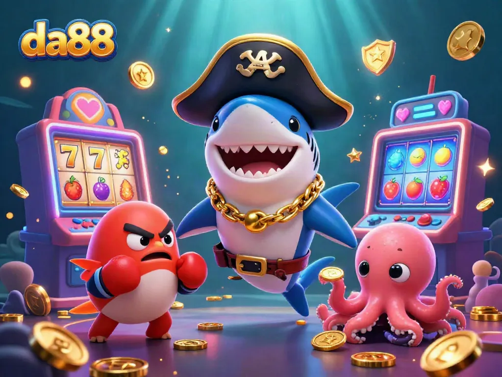 Engage with da88's vibrant casino atmosphere featuring a playful pirate shark and friends.