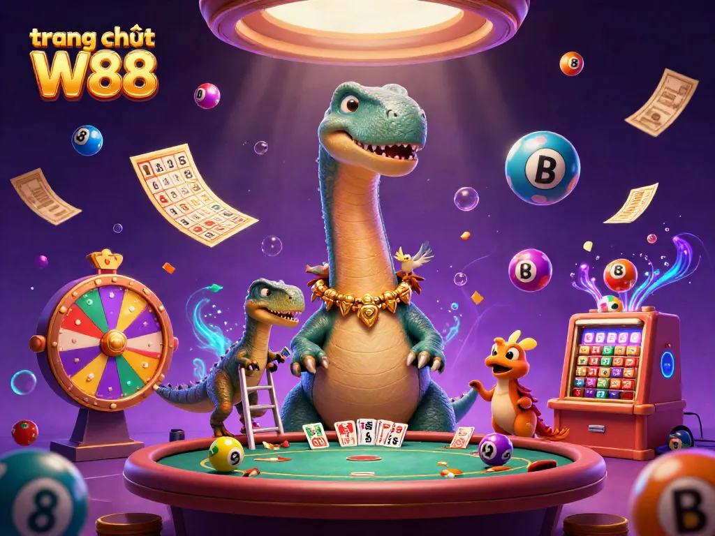 Experience the excitement of trang chủ W88 with a delightful 3D scene featuring interactive gaming elements and vibrant characters.