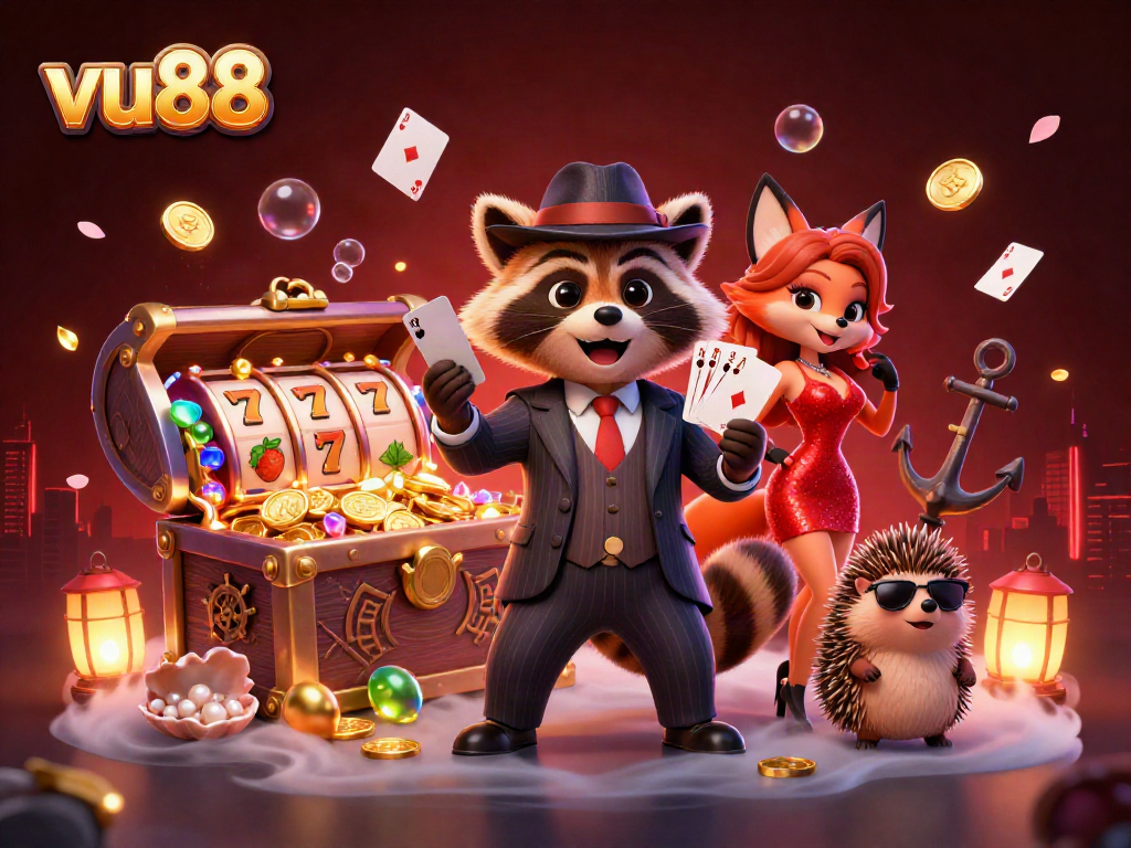 vu88 showcases a dynamic 3D casino scene with playful characters and vibrant game elements.
