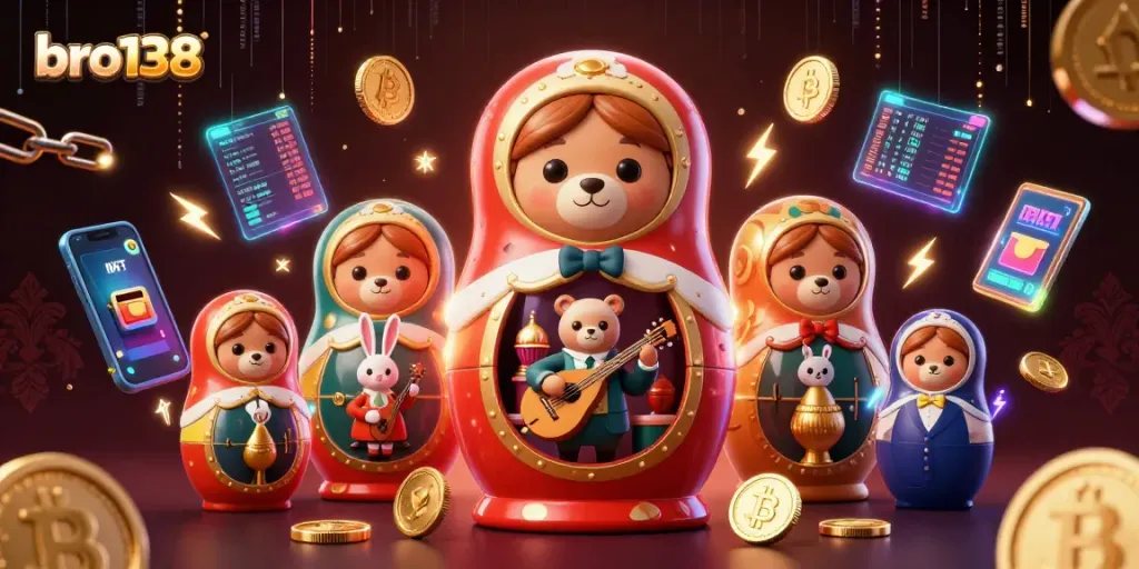 Engage with bro138 through a vibrant 3D illustration showcasing exciting gambling elements and characters.