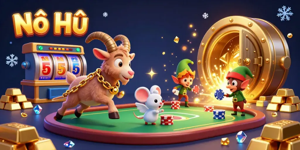 Nổ Hũ casino scene showcasing playful characters and jackpot excitement with stunning visuals.