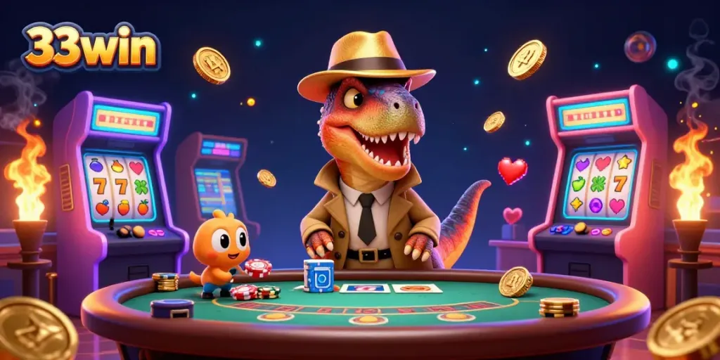 Experience thrilling gameplay at 33win with a cartoon velociraptor card counter in action.