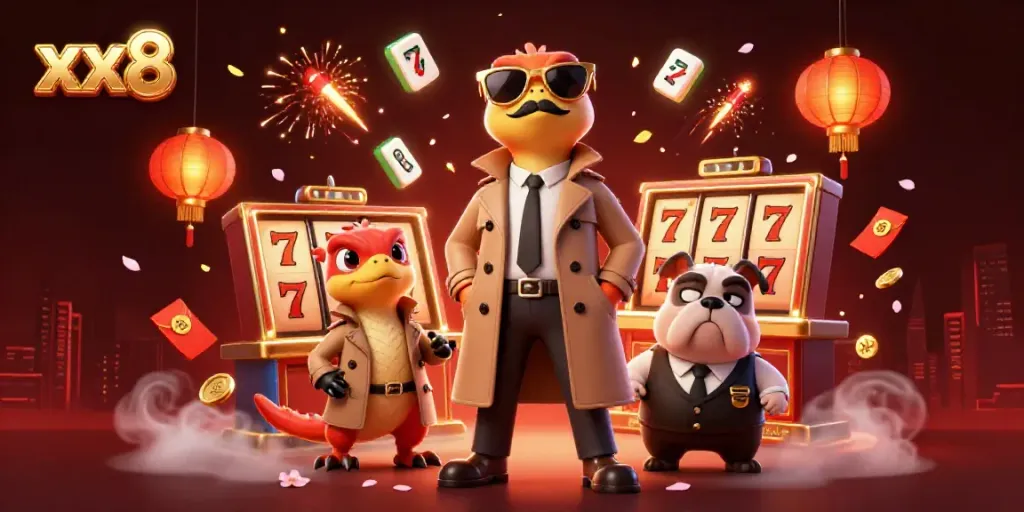 Engaging scene with three raptors disguised in a trench coat entering a VIP casino lounge under suspicious watch, showcasing xx8.