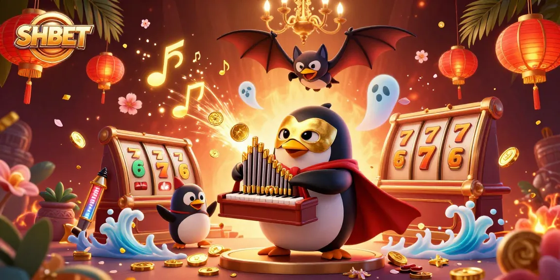 SHBET showcases a 3D cartoon penguin engaging with slot reels and golden coins, representing a lively casino atmosphere.