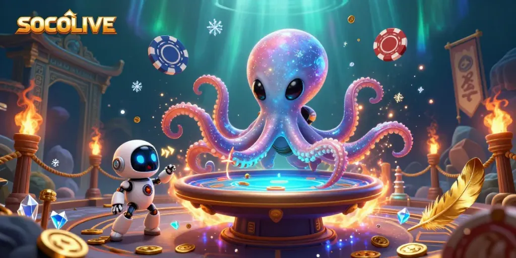 SOCOLIVE engaging players in a vibrant 3D digital poker arena with a whimsical alien octopus.
