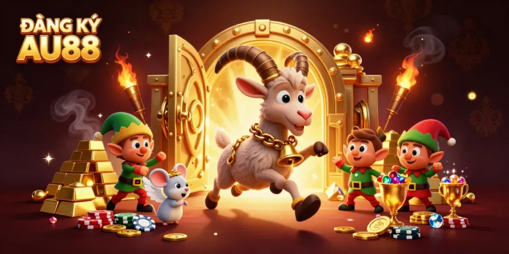 Engage in ĐĂNG KÝ AU88 gaming with Krampus, an angel mouse, and gremlin thieves in a rich casino scene.
