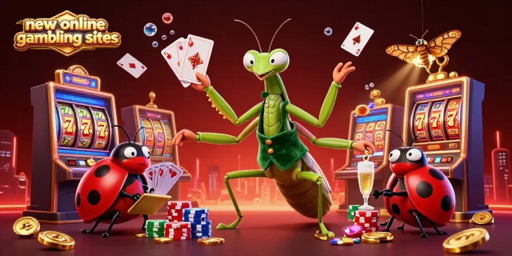 Experience the excitement of new online gambling sites with a vibrant, animated scene featuring a mantis dealer and ladybug pit boss.