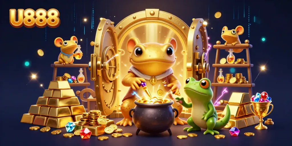 Experience the thrill of winning with U888 in a vibrant casino art scene featuring gold and gems.
