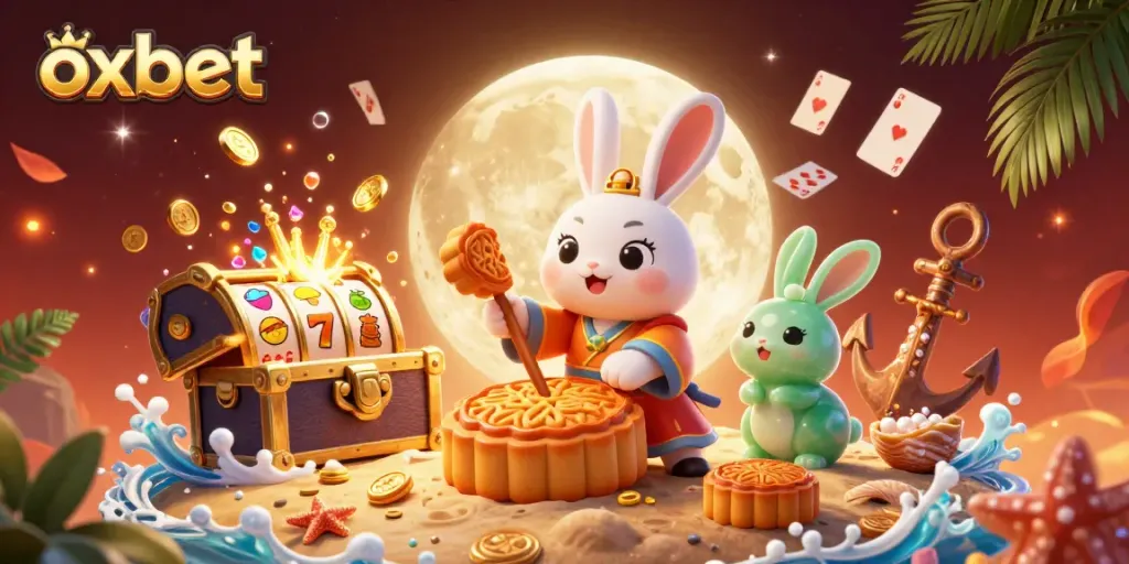 Experience thrill at oxbet with a vibrant scene of lucky moon rabbits in a casino setting.