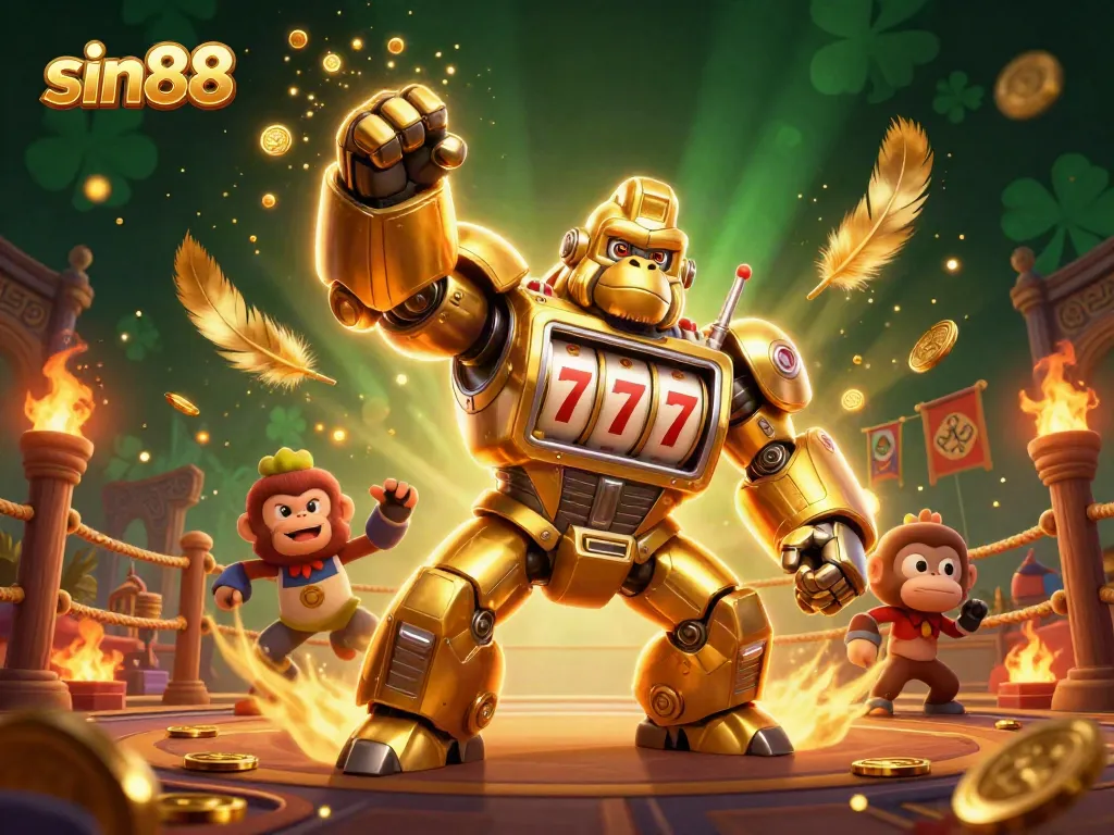 Experience thrilling gameplay with sin88’s golden gorilla mech amidst a dynamic casino scene.