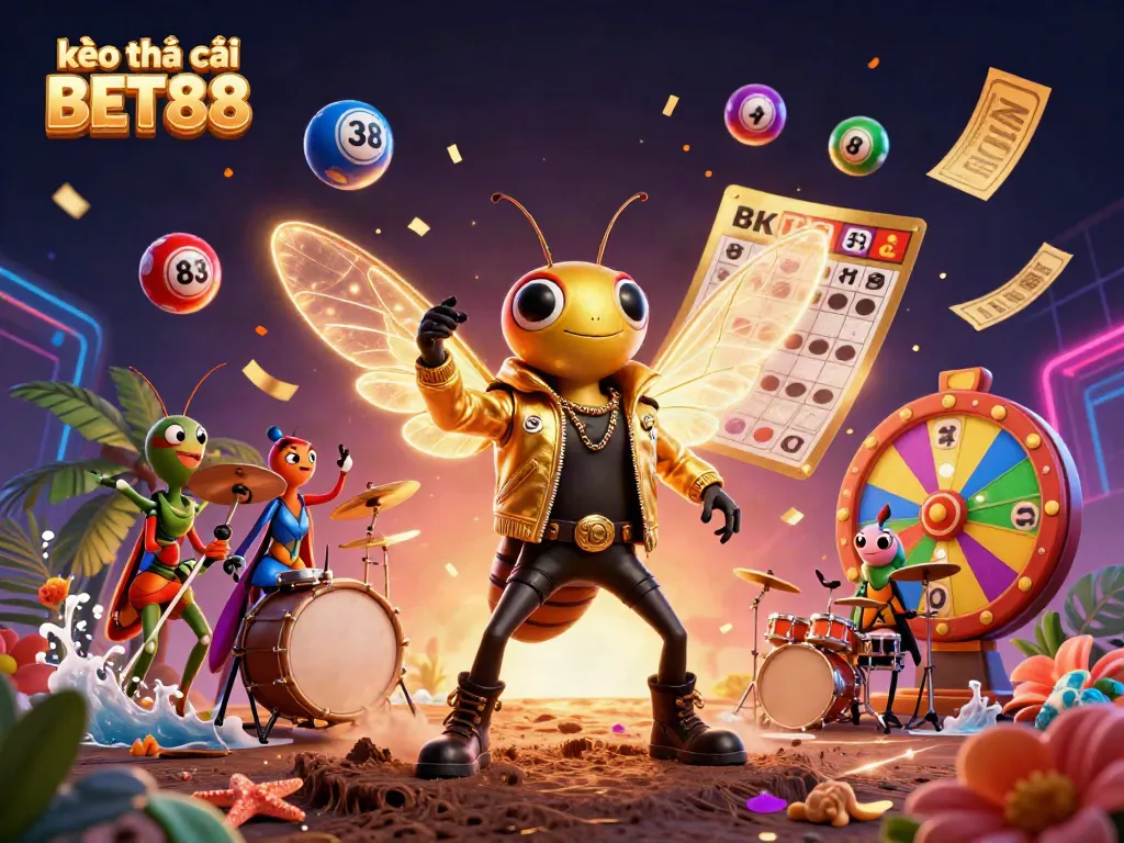 Engage with kèo nhà cái BET88 in a vibrant, dynamic casino scene featuring a cicada rock star and game elements.