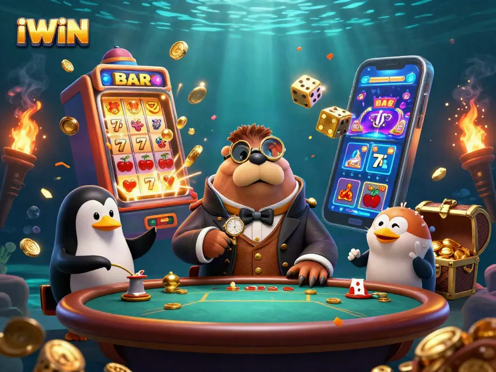 Engage in thrilling gameplay with IWIN at an underwater poker table featuring a walrus, penguin dealer, and pufferfish player.