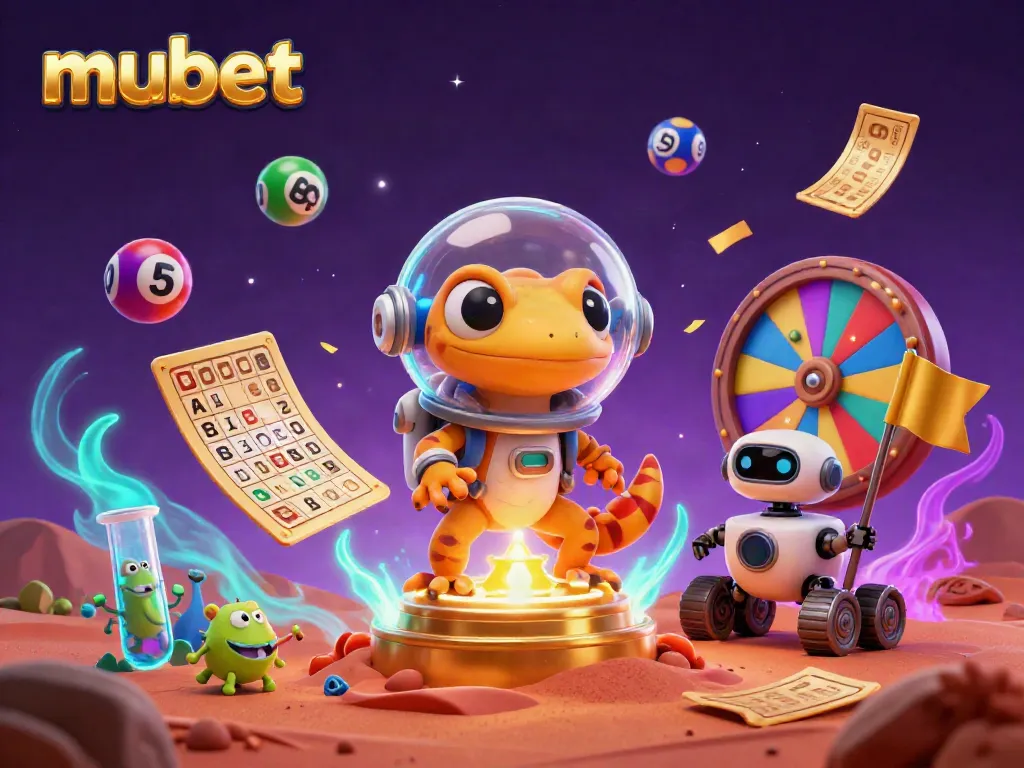Experience the excitement of mubet with a Martian gecko discovering a golden casino, surrounded by lottery elements.