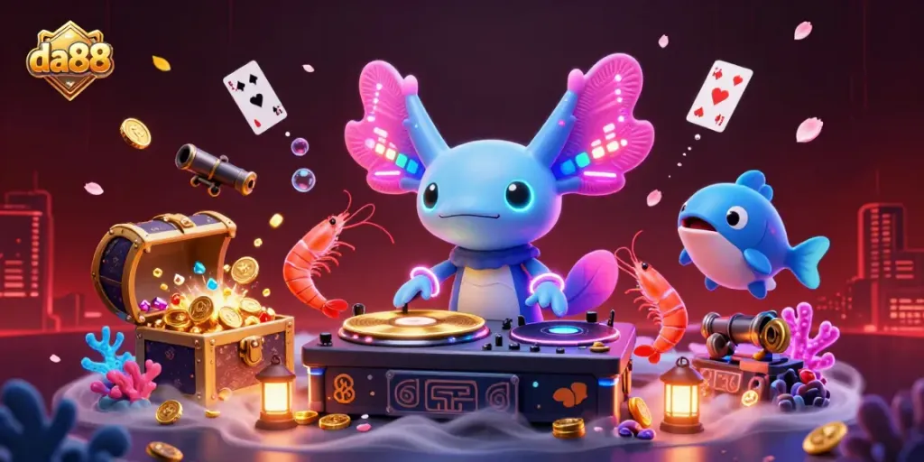 Engage with da88's vibrant underwater casino experience featuring a neon axolotl DJ, treasure treasures, and dynamic dance.