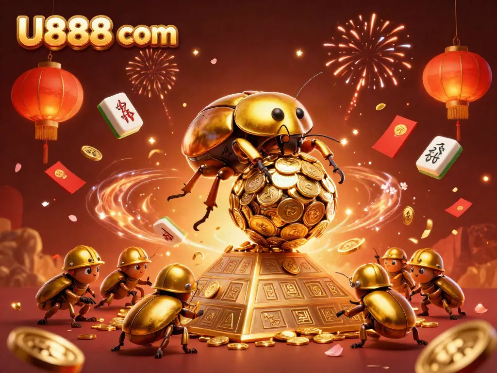 Unleash excitement with U888 com as a golden beetle rolls casino coins in a vibrant digital world.