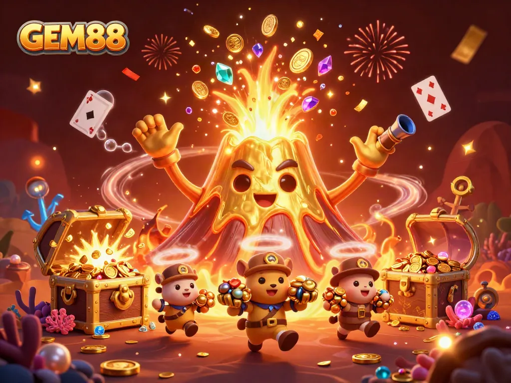 Experience thrilling wins with GEM88 in a vibrant 3D casino adventure filled with treasures.