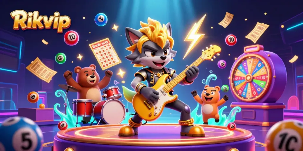 Experience the thrill of Rikvip's vibrant casino scene featuring dynamic gaming elements and cartoon characters.