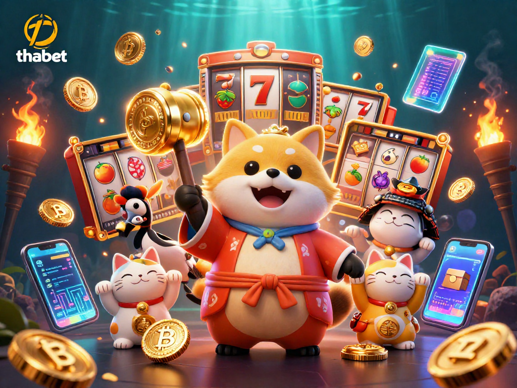 Immerse in the thabet gaming world with the cheerful tanuki celebrating wins amid slot reels and crypto.