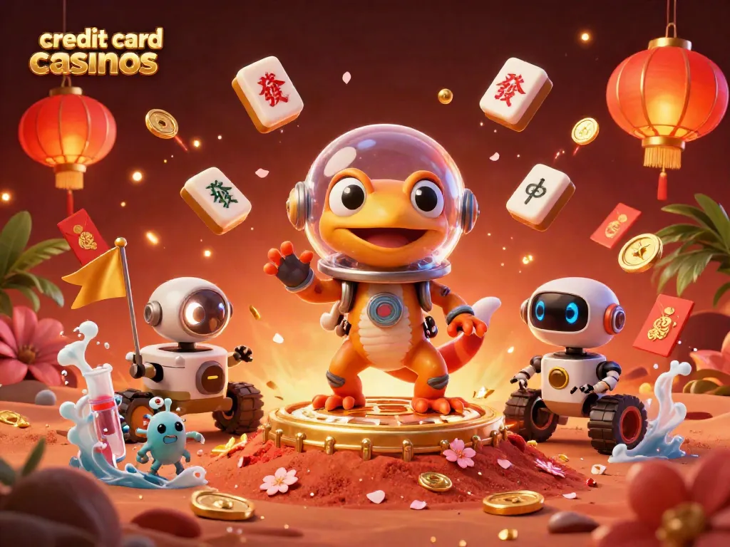 Engage with credit card casinos in a vibrant 3D Martian themed illustration showcasing unique gaming elements