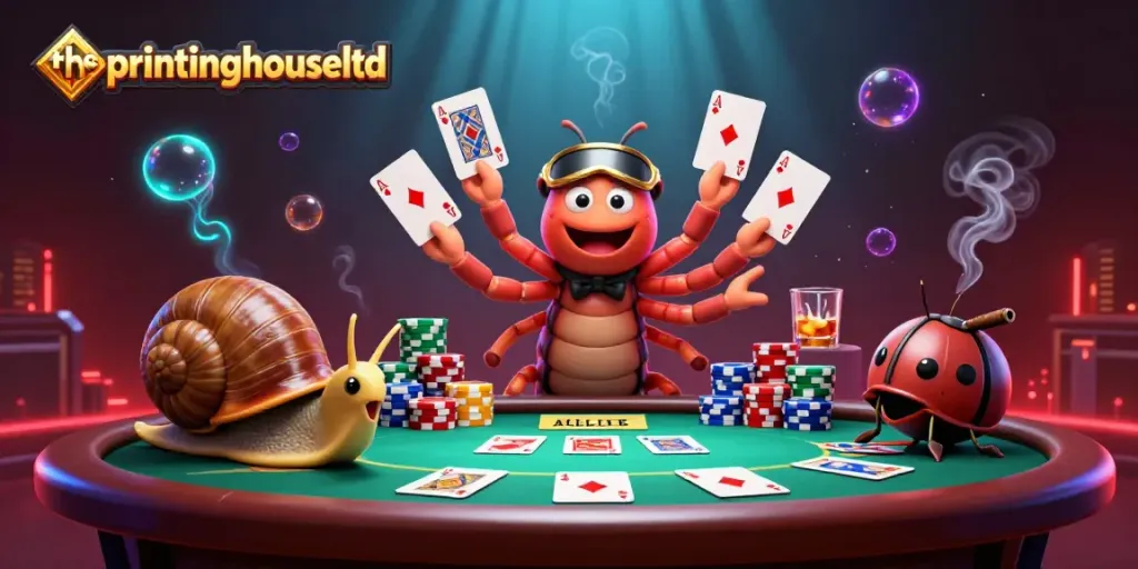 Theprintinghouseltd features a vibrant 3D illustration of a millipede dealer and snail high-roller at an exciting poker game.