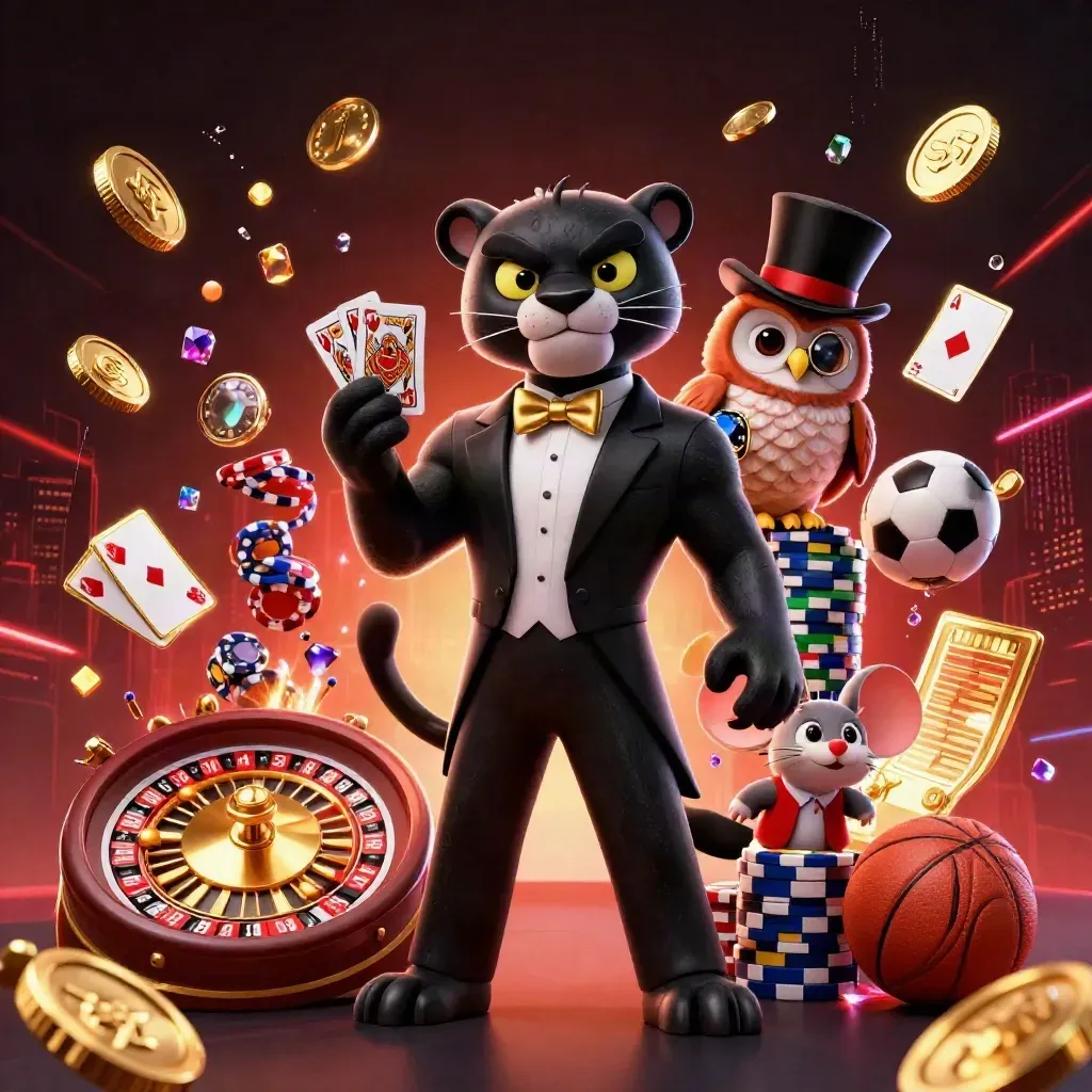 Panther, owl, and mouse amid casino chips, coins, cards, and sports gear in neon red-black light.