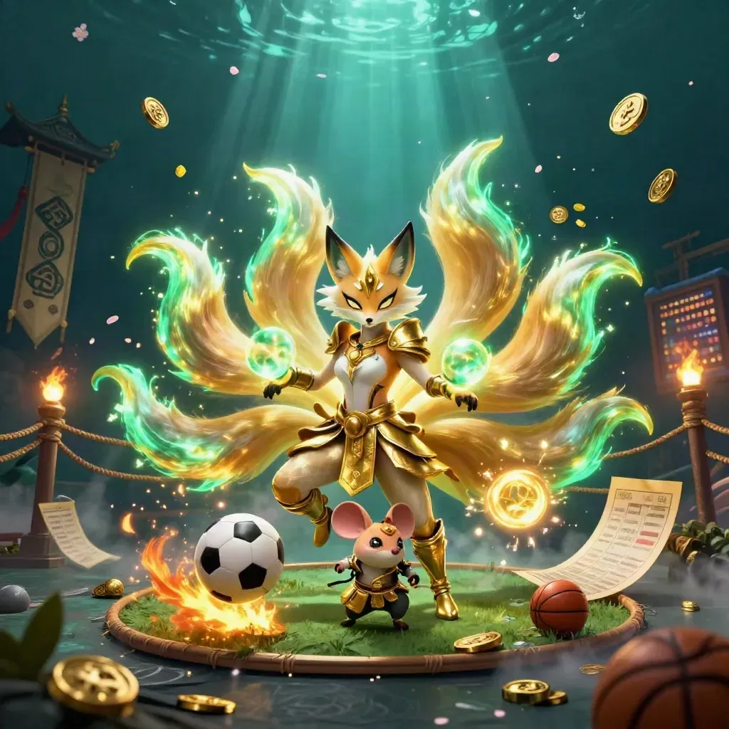 Nine-tailed fox spirit and samurai mouse amid flying sports balls, coins, and temple lights.