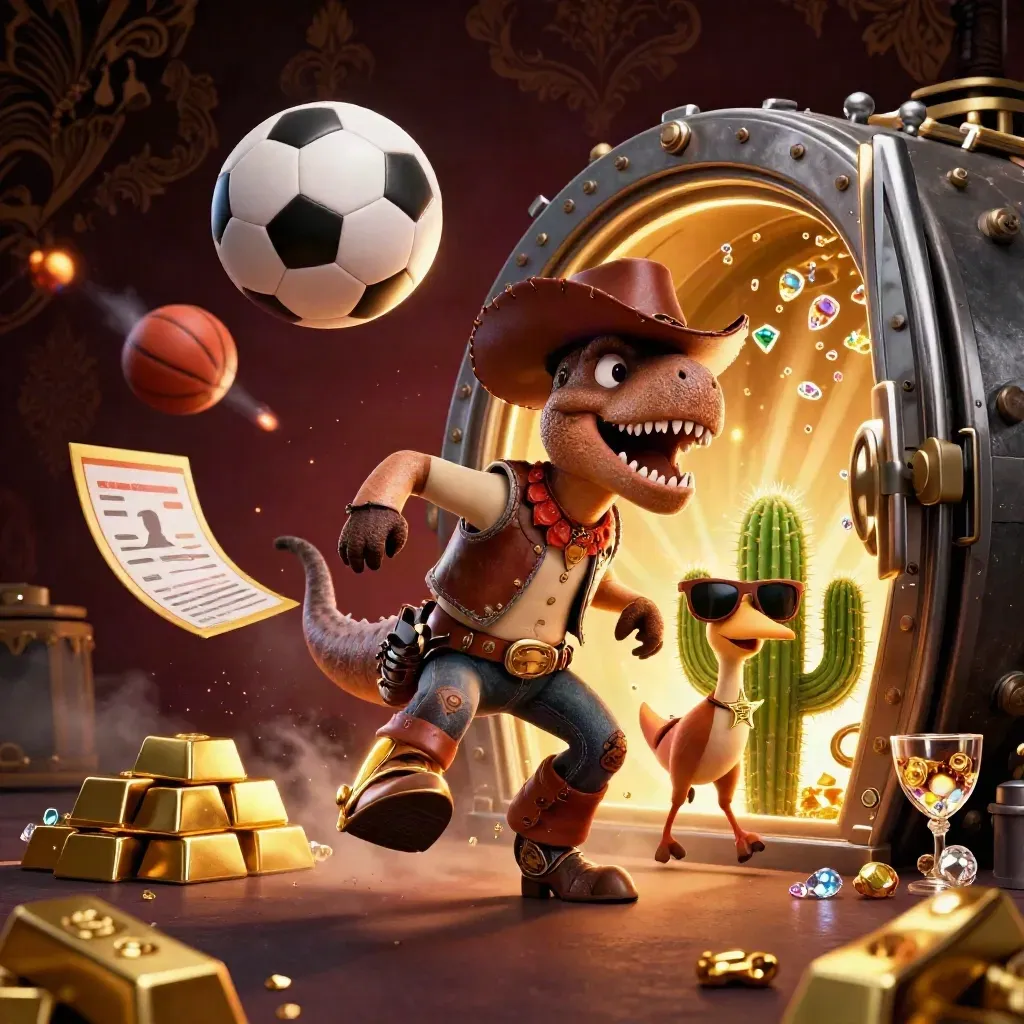 Cowboy T-Rex, cactus, and roadrunner amid gold vault, gems, and flying sports gear