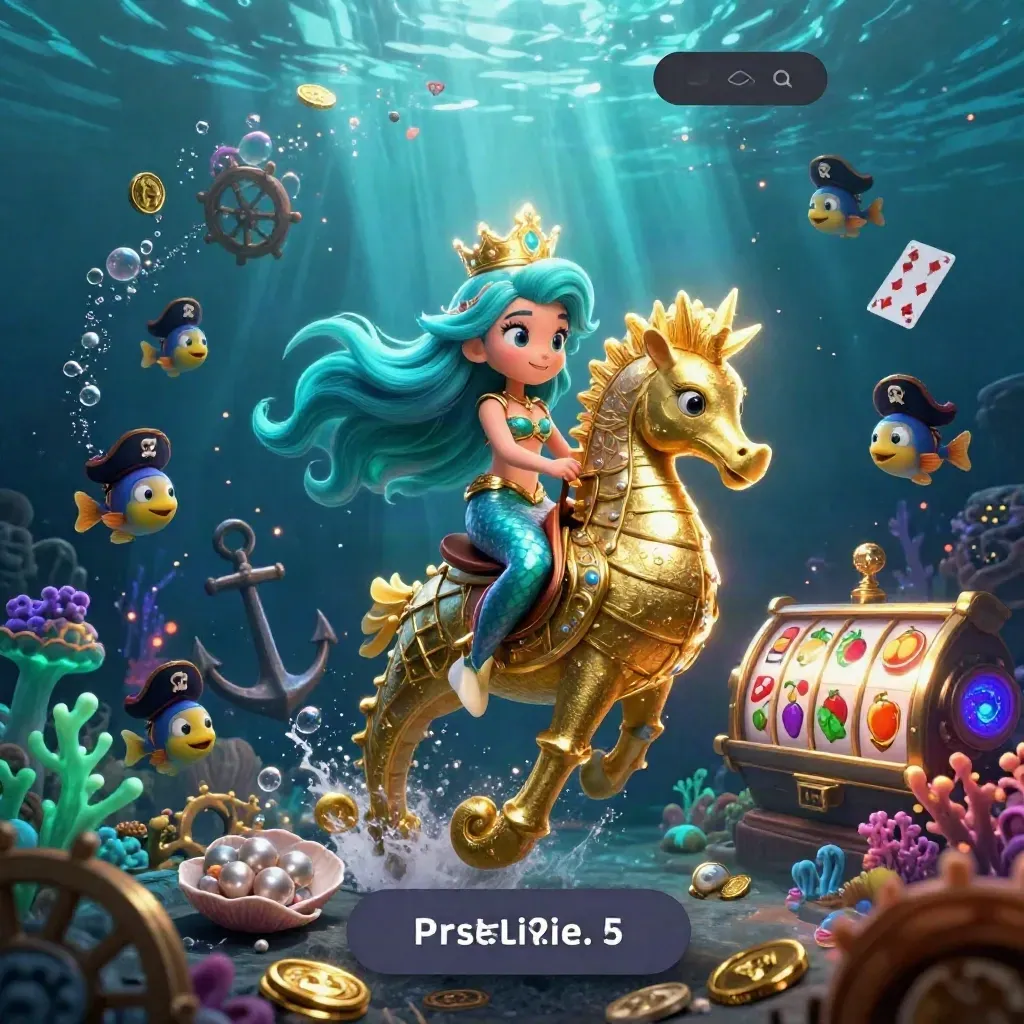 Mermaid princess on a golden seahorse in a treasure cove with pirate fish and casino symbols.