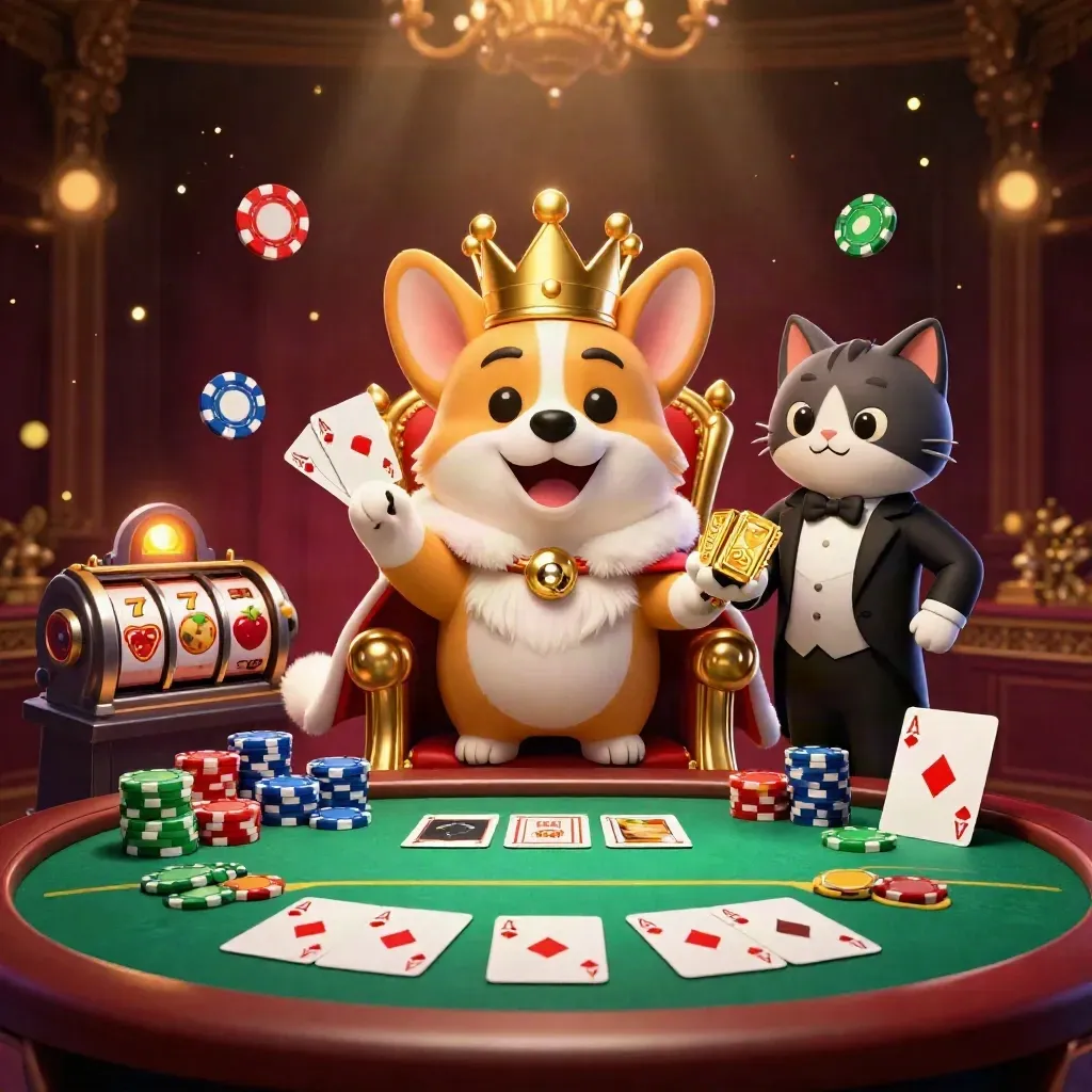 Royal corgi and cat butler amid gold casino magic, chips, cards, reels, and glowing damask darkness.