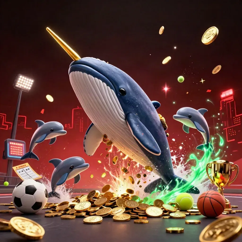 Whale captain, narwhal, dolphins and flying casino-sport icons erupt in gold-lit ocean chaos.