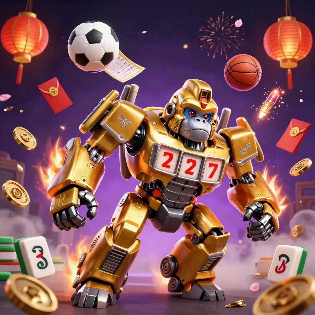 Golden gorilla slot mech bursts with balls, reels, lanterns, and fireworks in a neon casino scene.