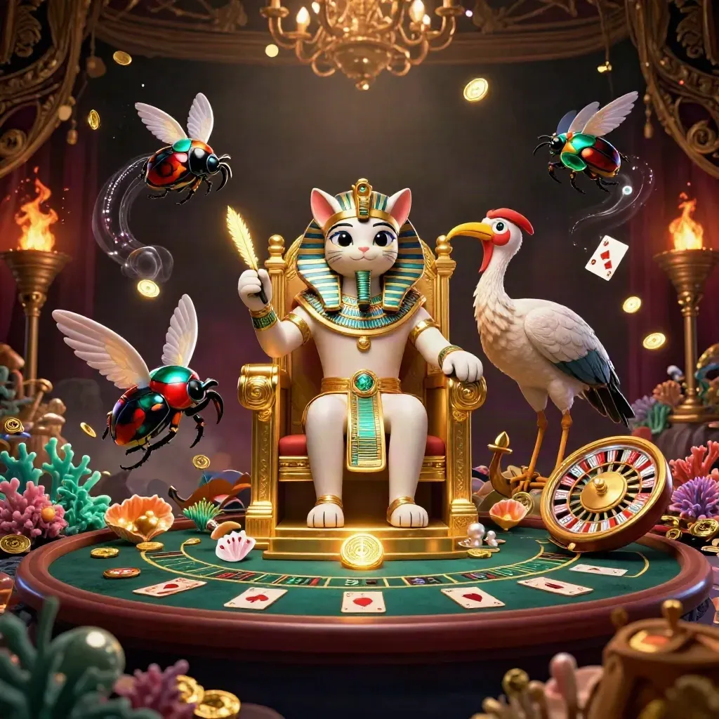 Pharaoh cat, ibis scribe, and gem-winged scarabs in a luxe casino treasure cove