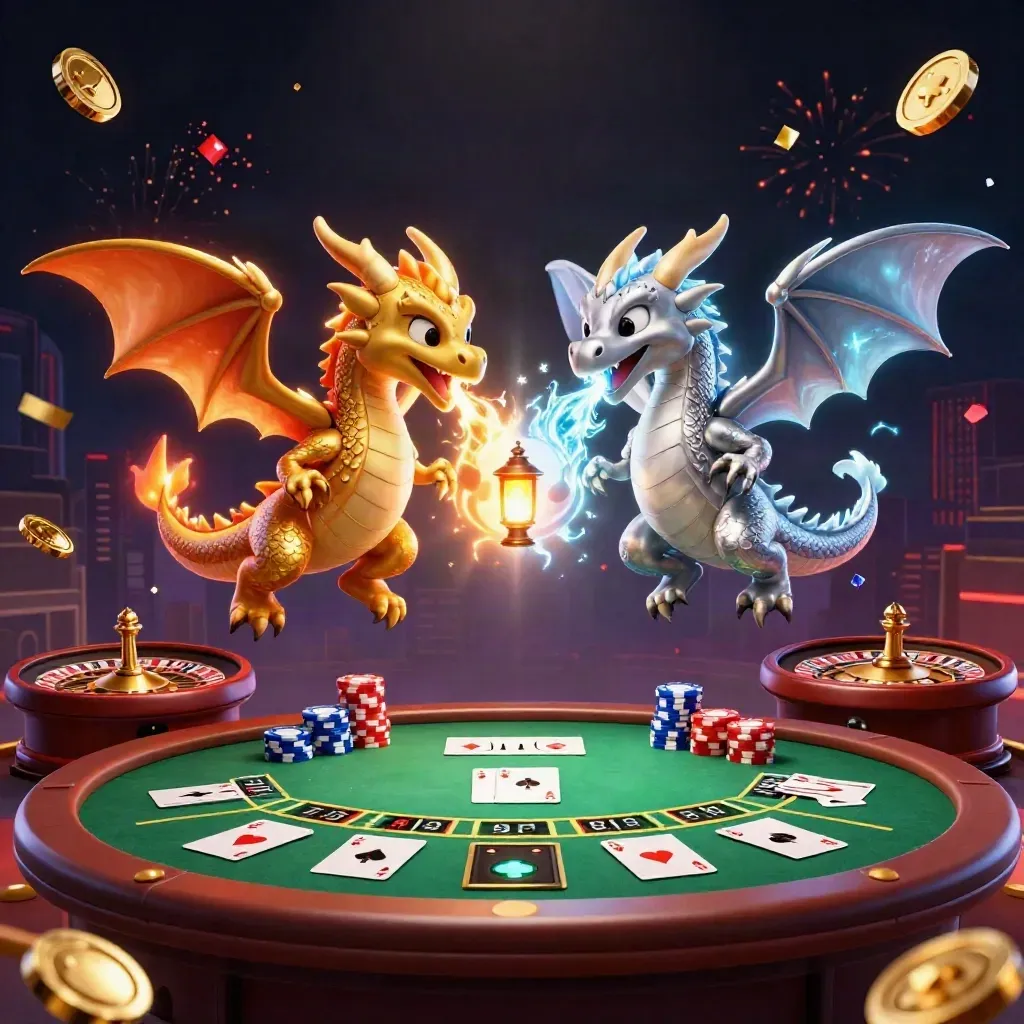 Twin gold and silver dragons spiral over a luxe casino table in a dark neon room.